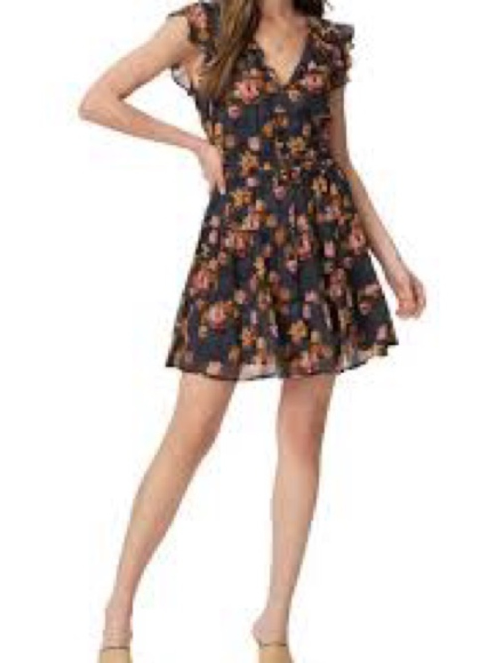 Sea New York Black Floral Ruffle V-Neck Mini Dress